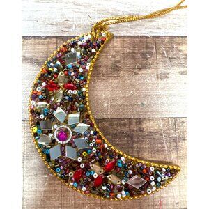 Handcrafted Crescent-Shaped Ornament With Multicolored Beads Glass Accents